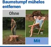 A split image showing a man struggling to remove a tree stump with a shovel on the left, and a relaxed man sitting in a chair next to a tree stump on the right, implying the product makes stump removal easy. Produktbild-Vorschau