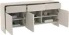 A modern, light gray sideboard with three doors and three drawers, shown open to reveal its interior shelves and compartments. Náhľad obrázku produktu