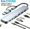 A product image of a USB-C hub with various ports and accessories, presented on a white background with overlaid text. Produktbild-Vorschau