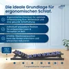 A slatted bed base with adjustable head and foot sections, with text overlays describing its ergonomic benefits. Produktbild-Vorschau