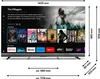 A television screen displaying a streaming service interface with various movie posters and app icons. Dimensions are shown with measurement lines and text. Produktbild-Vorschau