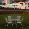 An outdoor patio set with a table, chairs, and an umbrella with LED lights, set up on a grassy lawn in front of a house. Voir les images du produit