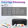 Marketing image showing a printer and a stack of paper with charts, along with text listing compatible printer models. Produktbild-Vorschau