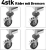 A collage of four close-up images of caster wheels with brakes, likely for a serving cart or similar equipment. Produktbild-Vorschau