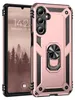 A rose gold phone case with a built-in ring stand is shown next to a smartphone displaying the time and date. Produktbild-Vorschau