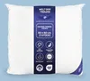 A white pillow with a blue label detailing product information. Produktbild-Vorschau
