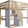 A wooden loft bed with stairs and storage compartments, shown against a white background. Voir les images du produit