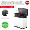 A white pedal bin with two internal compartments, shown with its lid open. Text overlays and a circular graphic highlight product features. Náhľad obrázku produktu