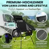 A camping chair is shown next to a camper van with text overlays highlighting its features. Voir les images du produit
