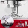 A collage showing a sewing machine's presser foot mechanism and a collection of sewing machine presser feet. Produktbild-Vorschau