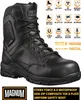A black Magnum boot is shown from a three-quarter angle against a white background, with various feature icons and text overlays. Produktbild-Vorschau