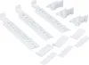 A collection of white plastic mounting brackets and sliders. Náhled obrázku produktu