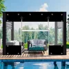 An outdoor patio area with furniture and a pool, featuring a transparent enclosure with a retractable blind. Produktbild-Vorschau