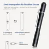 Diagrams illustrating battery options and charging for a flashlight, with the flashlight itself shown on the right. Produktbild-Vorschau