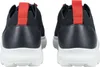 A pair of navy blue sneakers with white soles and red accents, shown from the back. Produktbild-Vorschau