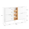 A white shoe cabinet with wooden shelves, shown with dimensions indicated by measurement lines and text. Náhľad obrázku produktu