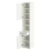 A tall, white bathroom cabinet with one door open, revealing shelves and a partially open drawer. Náhled obrázku produktu