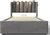 A front view of a gray upholstered bed frame with a tufted headboard and a wooden slatted mattress base. Podgląd zdjęcia produktu