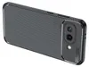 A black carbon fiber textured phone case with a camera cutout is shown from a diagonal angle against a white background. Produktbild-Vorschau