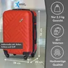 A red suitcase with dimensions and feature callouts. Produktbild-Vorschau