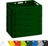 A stack of five green plastic crates is shown against a white background. Below the crates, a row of different colored crates is displayed. Produktbild-Vorschau