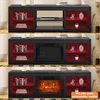 A composite image showing a black TV stand with red shelves, displaying different configurations: one with books and a media player, another with a fireplace insert, and a third with the fireplace lit. Decorative items and books are placed on the shelves. Voir les images du produit