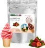 A silver foil bag of soft serve ice cream powder with images of strawberries and ice cream cones. Produktbild-Vorschau