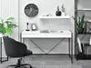 A modern home office setup with a white desk, black chair, and shelving unit. Voir les images du produit
