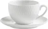 A white ceramic teacup and saucer with a textured pattern. Anteprima dell’immagine prodotto