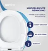 A close-up of a white toilet seat with blue graphic overlays and text explaining its features. Produktbild-Vorschau