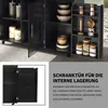 A close-up view of a black kitchen cabinet with open doors, showcasing internal storage shelves and various items like bowls and jars. A smaller inset image shows the interior of a cabinet door with shelves. Text overlays describe the product's features. Náhľad obrázku produktu