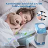 A young girl sleeping in bed with a teddy bear, with a portable air cooler on a nightstand next to her. Produktbild-Vorschau