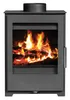 A front view of a black wood-burning stove with a fire burning inside. Náhled obrázku produktu