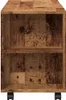 A front view of a wooden TV cabinet with two shelves and wheels. Podgląd zdjęcia produktu