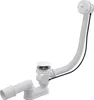 A white bathtub drain and overflow assembly with a flexible hose and a control knob. Produktbild-Vorschau