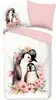 A flat lay of a duvet cover and pillowcase set featuring a watercolor illustration of penguins adorned with flowers. Produktbild-Vorschau
