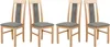 Four wooden dining chairs with gray upholstered seats and backrests are arranged in a row against a white background. Produktbild-Vorschau