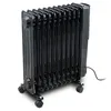 A black oil-filled electric radiator with wheels, shown against a white background. Podgląd zdjęcia produktu