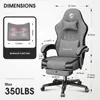 A diagram showing the dimensions of a gaming chair, with a close-up of a massage cushion. Podgląd zdjęcia produktu