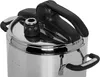 A close-up view of the top of a stainless steel pressure cooker. Anteprima dell’immagine prodotto