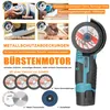 Collage of images showing an angle grinder in use and its accessories, with descriptive text. Produktbild-Vorschau