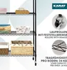 A black wire shelving unit with various storage baskets on its shelves, shown with close-ups of a caster wheel and shelf material. Text highlights features like lockable casters and load capacity. Náhled obrázku produktu