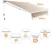 A beige awning is shown extended, with dimensions indicated. Below the awning, there are hexagonal icons with text describing features like sun protection, lightfastness, water repellency, robustness, durability, and ease of assembly. Voir les images du produit