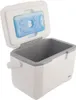 A white cooler box with a gray trim and a blue ice pack inside the lid, shown with the lid open. Podgląd zdjęcia produktu