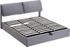 A grey upholstered bed frame with an open storage area and a slatted base, shown against a white background. Produktbild-Vorschau