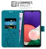 A teal wallet-style phone case is shown open, with cards and banknotes inserted, and a smartphone displayed within the case. Náhled obrázku produktu