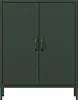 A dark green metal cabinet with two doors and two handles, standing on four thin legs. Produktbild-Vorschau
