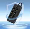 A black power strip with multiple outlets is shown on a pedestal with a blue shield and arrow overlay. Produktbild-Vorschau