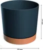 A dark blue cylindrical planter with a brown base, shown against a white background. Dimensions are indicated by text overlays. Náhled obrázku produktu