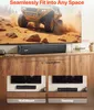 A soundbar is shown placed on a cabinet in front of a large TV, with inset images demonstrating wall-mount and desktop placement options. Produktbild-Vorschau